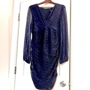 MSK Navy Blue and Black Ruched Sheath Dress with Sheer Long Sleeves